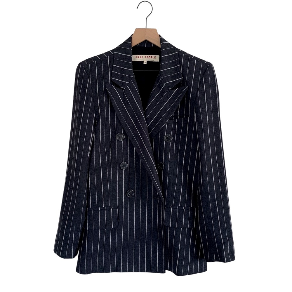 Free People Blue Pinstripe Linen Blend Double Breasted “Ashby” Blazer - Picture 2 of 11